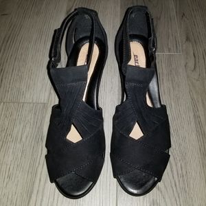 Earth Sueded-Leather Wedge Sandal with Velcro Closure-Black